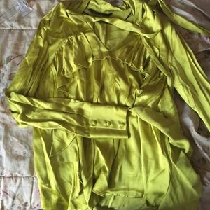 ZARA chartreuse ruffled satin blouse